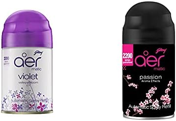 Godrej aer matic, Automatic Air Freshener Refill Pack - Violet Valley Bloom (225 ml) & Automatic Air Freshener Refill, Premium Fragrance - Passion (2200 sprays)
