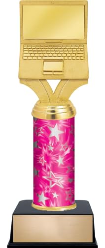11" Computer Custom Engraved Pink and Silver Star Column Trophy Awards