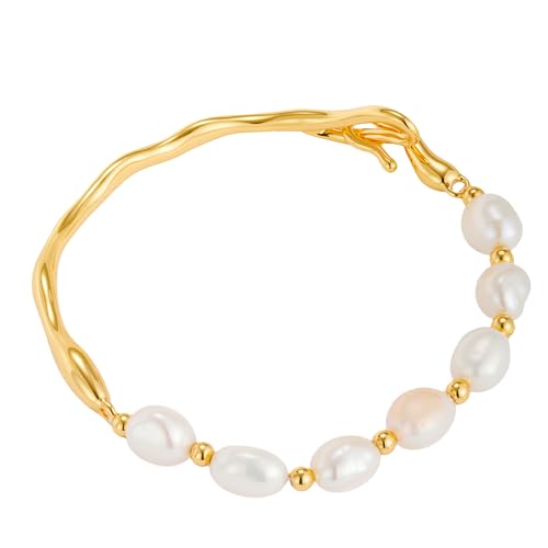 White Freshwater Pearl Bangle Bracelet for Women 18k Gold Plated Dainty Cuff Bangle Hook Bracelet Pearl Beaded Chain Bracelet Ideal Jewellery Gift for Girlfriend Mother