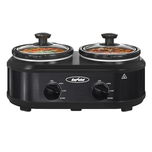 Sunvivi Double Slow Cooker,2 Pot Small Mini Crock Buffet Servers and Warmer,Dual Pot Oval Manual Slow Cooker with Adjustable Temp Removable Ceramic Pot,Stainless Steel, Total 2 * 1.25 Quarts Black