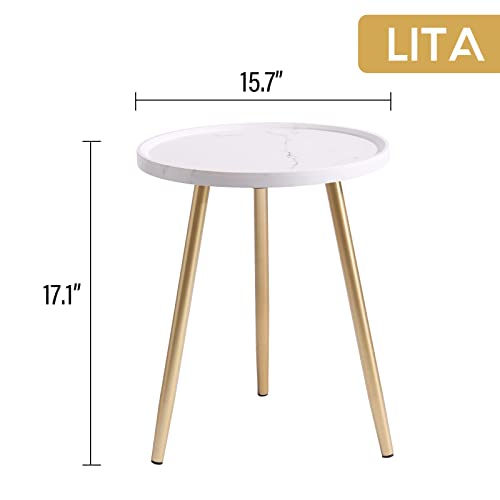 Lita Marble End Table White Tray Metal Round Side Table Nightstand Sofa Bedside Table Anti-Rust And Waterproof Accent Coffee Table For Living Room Bedroom, White Tray + Gold Legs #TOP2