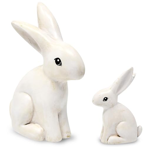 Gift Boutique Easter Bunny Figurine Set of 2 White Resin Rabbits 3D Farmhouse Spring Holiday Tabletop Centerpiece Home Shelf Mantel Decoration
