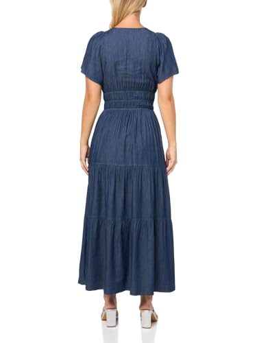 Image of Tommy Hilfiger Women's Short Sleeved Ruched Waist Denim Tiered Midi Dress