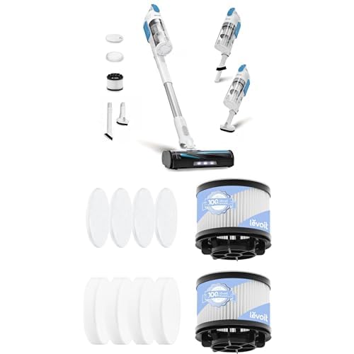 LEVOIT LVAC-200 White＆Blue Cordless Vacuum Cleaner + Replacement Filter, 4 Pre-Motor Filters 2 Post-Motor Filters, White