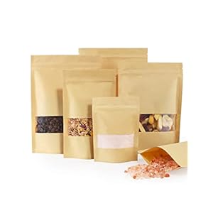 FireKylin 100 Pcs Kraft Paper Bags with Window, 3.5″ x 5.5″ Stand Up Pouches Bags, Zip Lock Food Storage Bags for Packaging Products, Reusable, Sealable