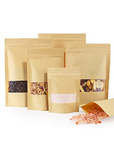 FireKylin-100-Pcs-Kraft-Paper-Bags-with-Window-35-x-55-Stand-Up-Pouches-Bags-Zip-Lock-Food-Storage-Bags-for-Packaging-Products-Reusable-Sealable
