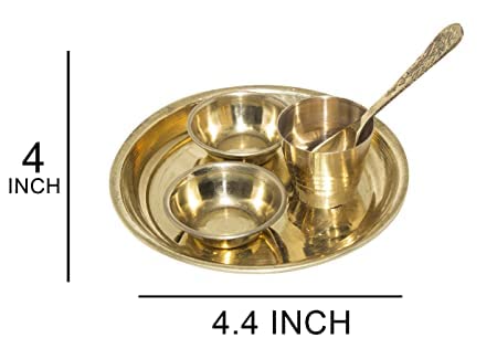 Image of KYNA 5 in 1 Pack Traditionally Designed Pooja Bhog Thali Set for Home and Temple Use (1 Thali, 1 Spoon, 1 Glass and 2 Katori)