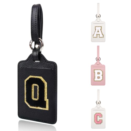 Personalized Initial Luggage Tags for Suitcases, Leather Chenille Letter Cute Luggage Tags with Privacy Name Card, Embroidered Travel Bag Backpack Tag Gifts for Women Kids Girls Teens(Black-Q)