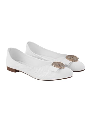 Image of Shoetopia Women's Ballet Flats - Textured Slip-On Bellies with Decorative Bow & Gold Button | Elegant Casual & Office