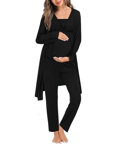 Image of SWOMOG Maternity Nursing Robe Set 3 Piece Breastfeeding Pajamas 3 in 1 Labor Delivery Sleevless Tops&Long Pants Pregnancy Pjs