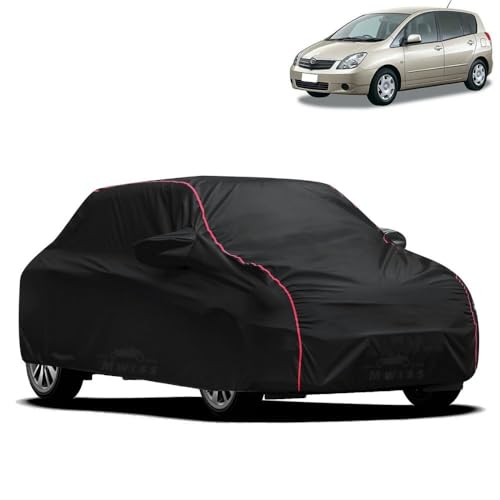 Image of Waterproof Car Cover for Toyota Spacio | All-Weather Protection, Dustproof & UV Resistant | Triple Stitched Mirror Pockets, Windproof Buckle Strap with Elastic Hem, Black-Red Piping