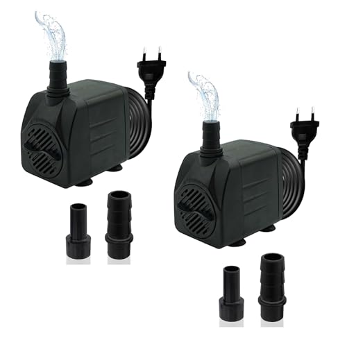 2 mini pompe dell'acqua (450 l/h, 8 W), pompa per acquario ultra silenziosa con hub alto, pompa per fontana con cavo di alimentazione da 1,5 m, 2 ugelli per acquari, laghetti, fontane, statue