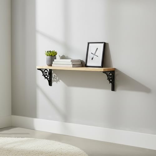 Image of Wall Shelf with Wooden Top Black|White Iron Brackets Storage Rack|Industrial Wall-Mounted Floating Shelf for Living Room,Kitchen,Bathroom (Black Single Floral Large)