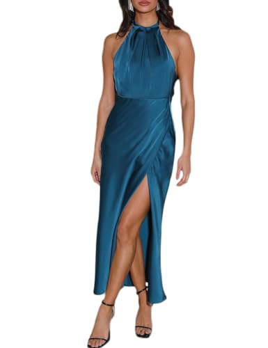 2025 Summer Satin Halter Neck Backless Slit Midi Dresses Elegant Cowl Back Ruched Wedding Guest Maxi Dress for Women