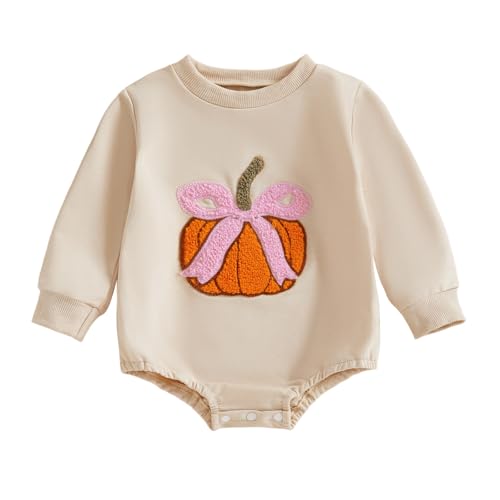 Rourufy Baby Halloween Outfit Newborn Girl Pumpkin Bow Bubble Romper Sweatshirt Infant Onesie Toodler Fall Winter Clothes (A Pumpkin Bowknot Apricot, 6-12 Months)