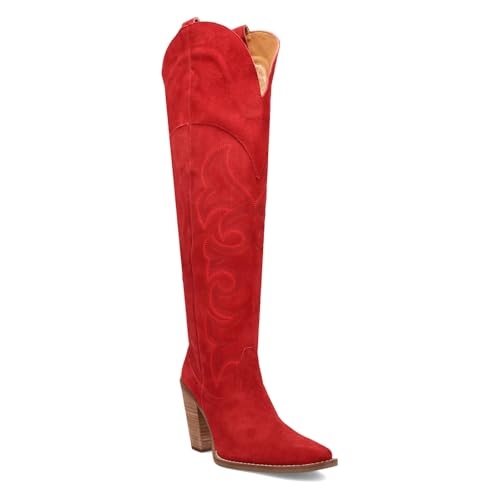 Dingo Womens Primadonna Embroidered Snip Toe Zippered Casual Boots Over the Knee High Heel 3" & Up - Red2