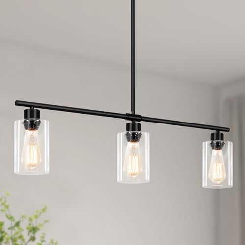 Image of Kitchen Island Lighting, 3-Light Black Island Lights for Dining Room Light Fixture Over Table, Modern Linear Chandelier with Clear Glass Shade, 31" Farmhouse Hanging Pendant Light Fixtures for Kitchen
