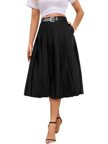 SANGTREE- Saia plissada longa feminina com bolsos, saias de cintura alta lisas para uniforme escolar
