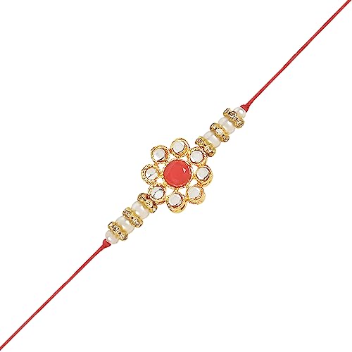 Image of I Jewels Designer Kundan & Pearl Hanging Bhaiya Bhabhi Lumba Rakhi Combo Set with Roli Chawal and Rakshabandhan Card (R014R-G-CO)