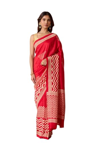 Taneira Women Red Pure Silk Block Print Murshidabad Saree with Unstitched Blouse Piece (SAIH01AB2066-Red)