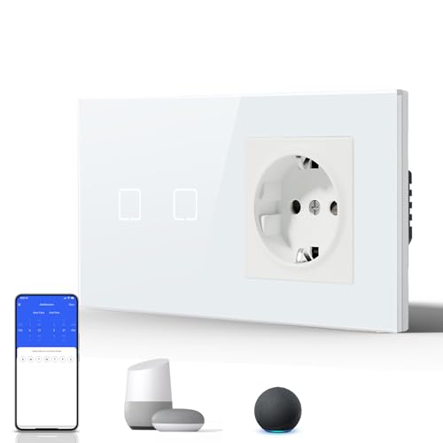 BSEED Smart Touch Lichtschalter,Glas Schalter Unterputz,Wandlichtschalter mit LED Hintergrundbeleuchtung,Neu E-Serie,16A 250V,2 Fach 1 Weg + 1 Steckdose,157mm Weiß