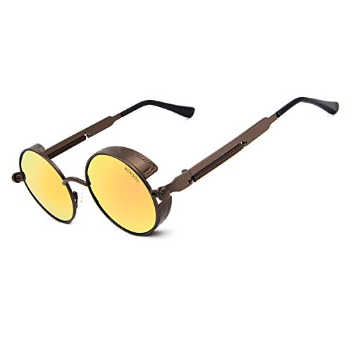 RONSOU Steampunk Style Round Vintage Polarized Sunglasses Retro Eyewear UV400 Protection Matel Frame B2 Brown Frame/Golden Lens 46 Millimeters