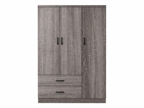 Proconfort Armoire Valentina 3 Portes, 2 Tiroirs et Penderie avec Étagères, Rangement pour Chambre, Bois Grisé, 120 x 52 x 190 cm