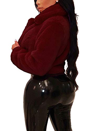 Women's Faux Fur Coats Winter Solid Lapel Short Fleece Cropped Jackets Parkas Wool Coat Wine Red M #TOP1