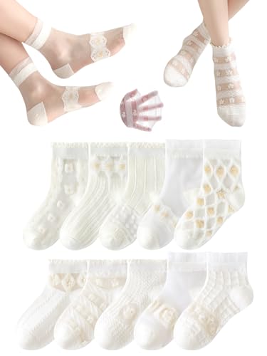 Toddler Baby Girl Lace Mesh Crew Socks, Princess Mary Jane Dress Socks, 10 Pairs