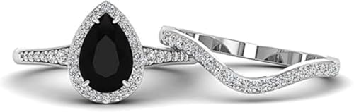 2 CT Pear Engagement Ring Onyx Bridal Ring Set Stone Halo Diamond Ring Curved Wedding Band Art Deco Rings for Her2