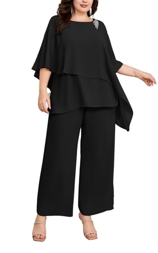 Hanna Nikole Plus Size Mother of Bride Pant Suits 2 Piece Chiffon Sets Ruffle Layers Wedding Guest Outfit