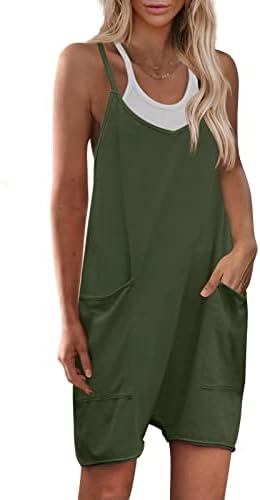 Yanekop Womens Loose Overalls V Neck Sleeveless Romper Spaghetti Strap Harem Short Pants Jumpsuits(Army Green,L)