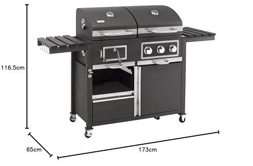 tepro Gas Kohle Kombigrill Toronto, Grillwagen mit Holzkohle- und Gasgrill-Modus, 3 Brenner mit je ca. 2,9 kW Leistung, Piezozündung, Thermometer, Maße ca. 173 x 65 x 116,5 cm, Schwarz
