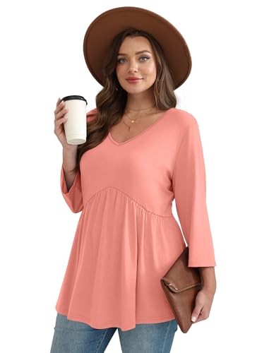 Image of OFEEFAN 3 /4 Length Sleeve Womens Tops 2026 Blouses for Women Dressy Casual Fashion Clothing V Neck Babydoll Tops Fall Outfits