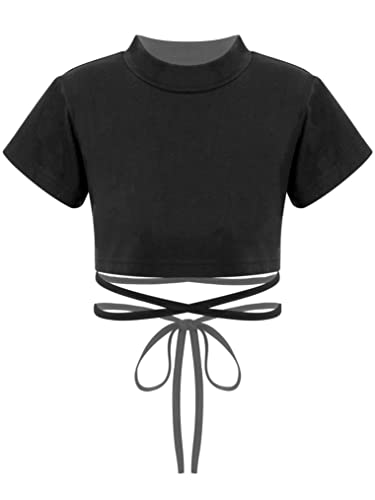 Yeahdor Mädchen Crop Top Kurz Basic Tee Shirt Bauchfrei Oberteil Tanzshirt Sport T-Shirt Unterhemd Fitness Tanz Gymnastik A Schwarz mit Schnür 158-164