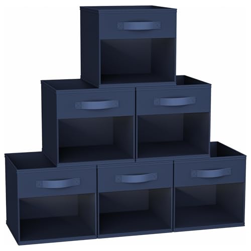 DIMJ Cube Bins, 12.2-Inch Storage Bins Cubes with Window, 6 Packs Collapsible Storage Bins with Handles, Closet Storage Baskets for Organizing Living Room, Office, 6 Pack,Navy Blue