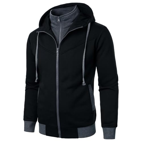 Mens Jacket With Hood Double Zipper Casual Patchwork Trendy Hooded Sweatshirt Fall Coat4