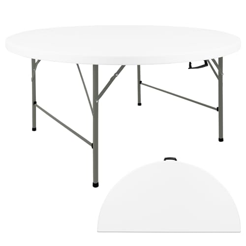 HAISIWLKJ 5FT Round Folding Table White Fold-in-Half with Carrying Handle Portable Plastic Table for Outdoor or Indoor Dining,Wedding, Camping,Party Table