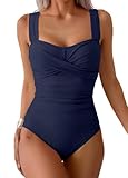 Joligiao Maillot de Bain Femme Une Pieces Gainant Ventre Plat Maillot de Bain de Sport Push Up Rétro Contrôle du Ventre Monokini Froncé Piscine de Plage Beachwear(Marine,L)