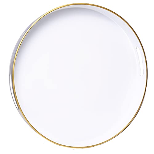 Spsyrine Round White Decorative Tray, 13" Plastic Serving Table Tray with Handles for Ottoman, Coffee Table, Bathroom, Kitchen, Living Room