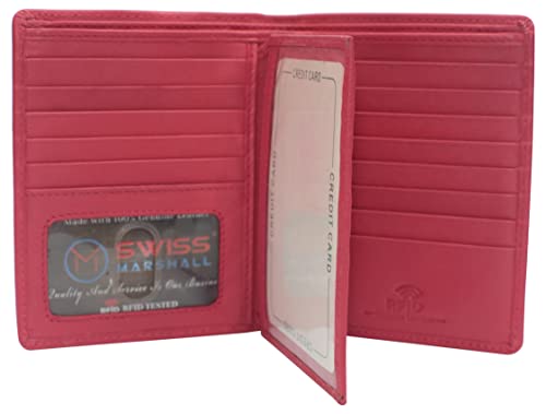 MARSHAL Bifold Genuine Leather RFID Blocking Wallet For Men Card Slots, 2 Bill Compartments, ID Windows, Money, (CN Pink)