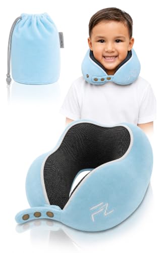 FLOWZOOM Nackenkissen für Kinder ab 3 Jahre - auch für Kinderautositze geeignet - einstellbares Memory Foam Nackenhörnchen mit weichem & waschbarem Bezug - inkl. Beutel - Blau Größe S (ab 3 J.)