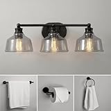 Globe Electric 4-Piece All-in-One Bathroom Set, Matte Black, 3-Light Vanity Light with Clear Glass Shades, Towel Bar, Toilet Paper Holder, Towel Ring