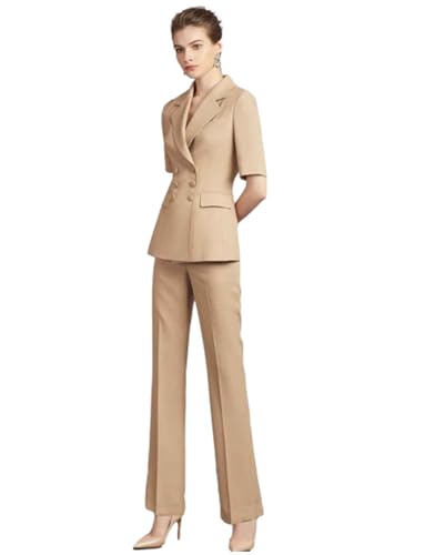 Women's Double Breasted Buttons Suit 2-Piece Set Short Sleeves Jacket & Pants for Business Trip Daily