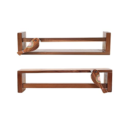 Image of AAKRITI ART CREATIONS | Floating Teak Wall Shelf for Powder Room Hand Towel Holder for Wash Basin | Towel Stand for Bathroom | Wooden Towel Stand for Counter Top | Set of 2 | 18.5X3.2X4.1