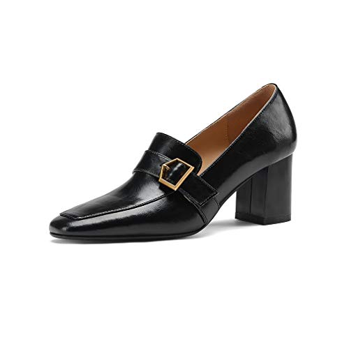 Tinacus Genuine Leather Women's Handmade Square Toe Mid Block Heel Slip On Graceful Oxford Loafer Pumps With Cool Buckle (Black, Us8) #TOP28