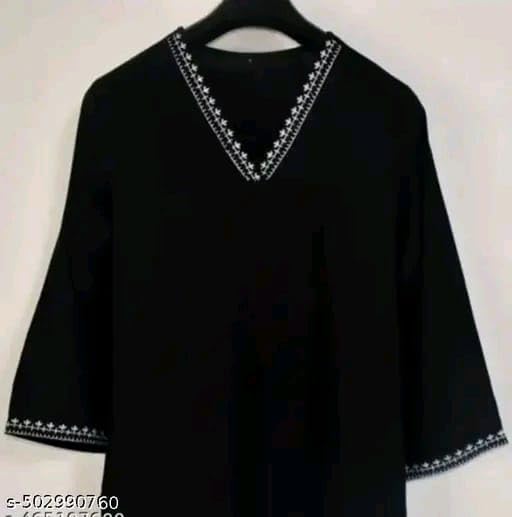 Image of Rayon Solid Straight Kurti Top for Women | V-Neck Ethnic Tunic | Neck and Sleeve Border | Stylish Casual Office Wear Short Kurti for Women