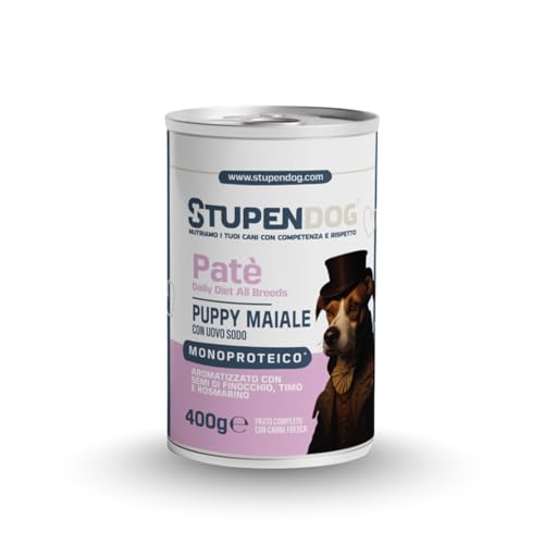 STUPENDOG Paté para cachorros monoproteico de cerdo con huevo duro – 93% cerdo fresco + 4% huevo, crecimiento saludable y articulaciones fuertes – Alimento húmedo para perros natural sin cereales (12