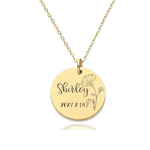 HUAN XUN Custom Birth Month Flower Shirley Necklace for Women 18K Gold Plated Stainless Steel Engraved Nameplate Necklace Personalized Floral Disc Pendant Adjustable Chain Jewelry Gifts for Mother