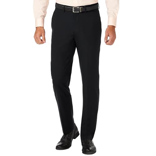 Haggar Men's J.M. Stretch Superflex Waist Slim Fit Flat Front Dress Pant, Black, 29Wx32L